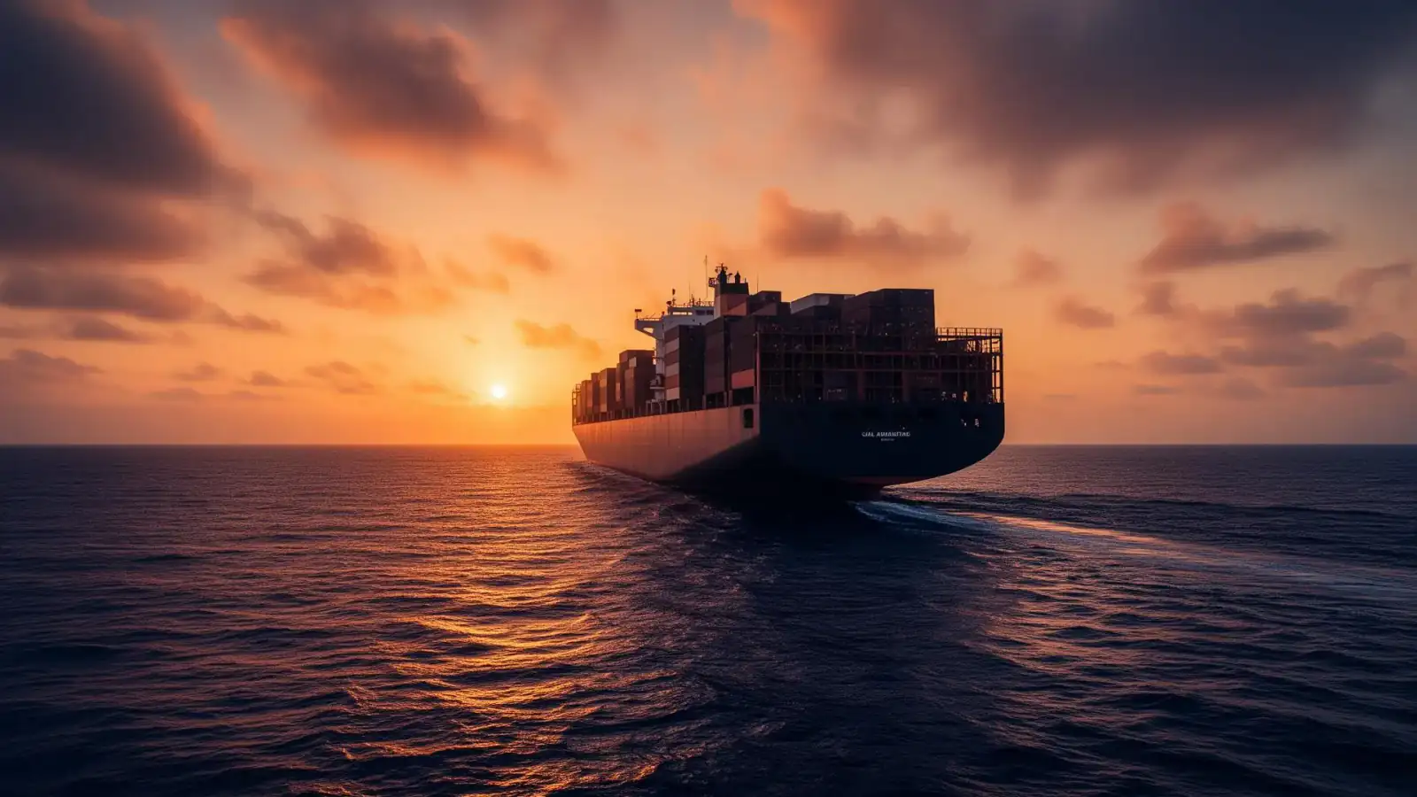 Commercial container vessel at sea during golden hour